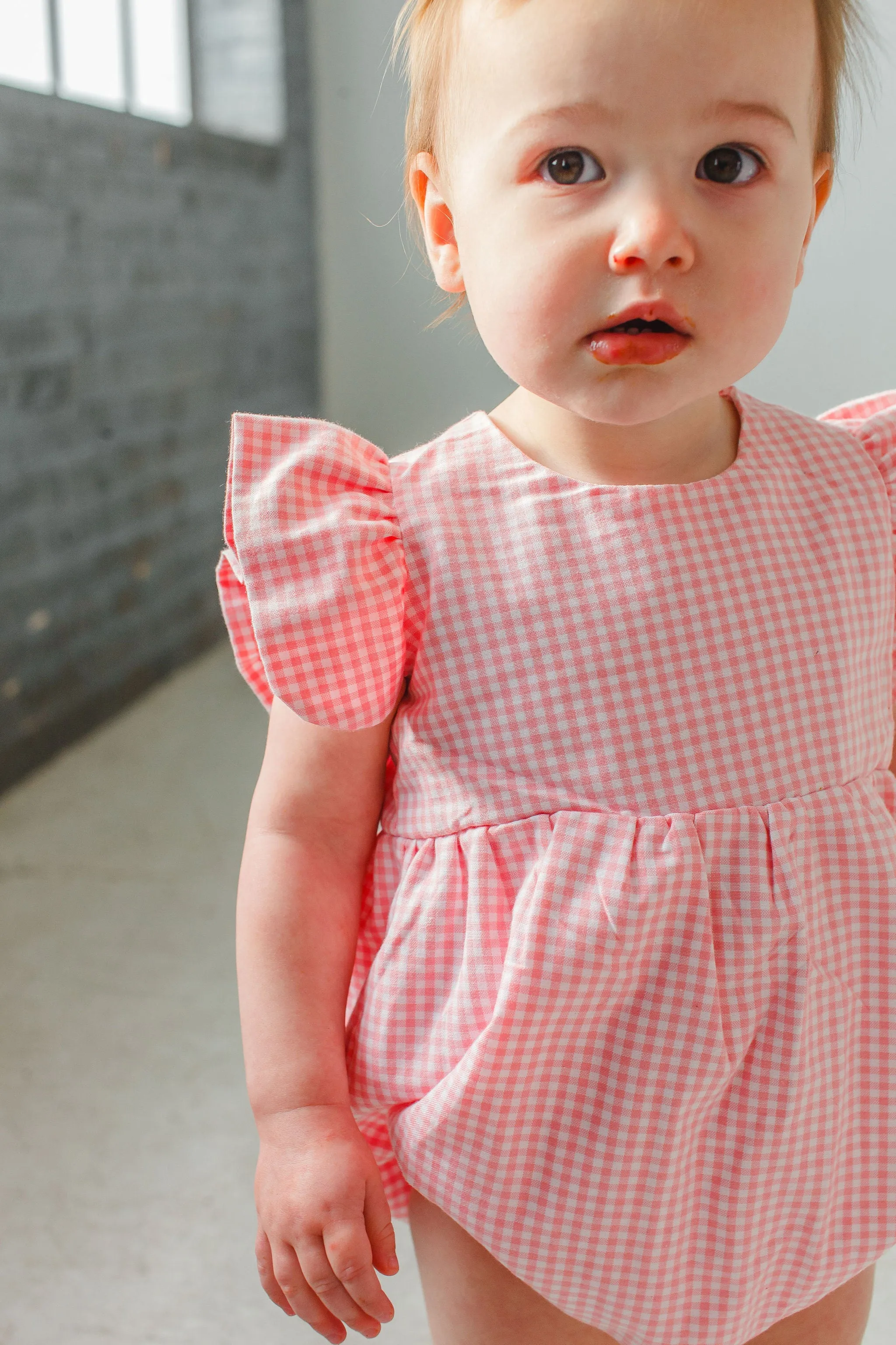 Infant Girl's Pink Gingham Ruffle Sleeve Romper