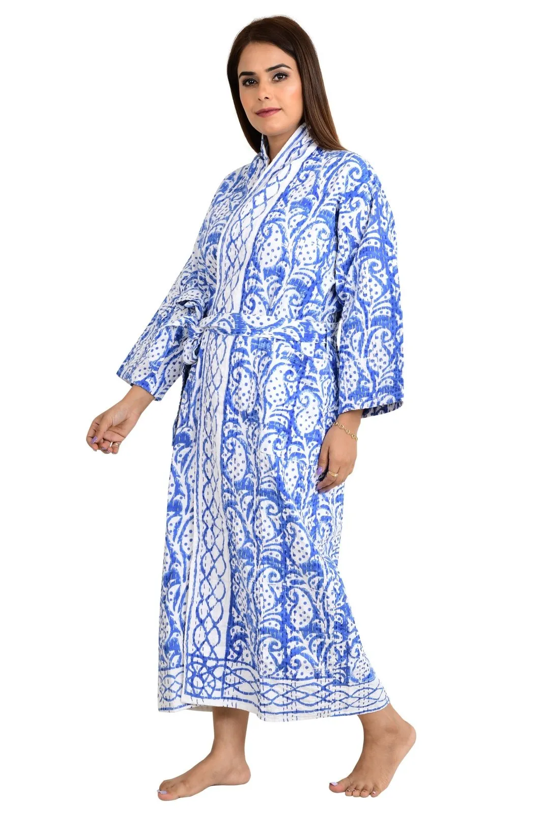 Kantha Stitch 100% Cotton Reversible Long Kimono Women Jacket | Handmade Stitch Robe | Unisex Gift | White Blue Leaf Print