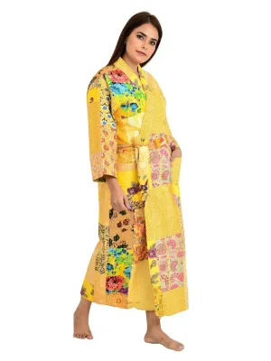 Kantha Stitch 100% Cotton Reversible Long Kimono Women Jacket | Handmade Stitch Robe | Unisex Gift | Yellow Patchwork Print