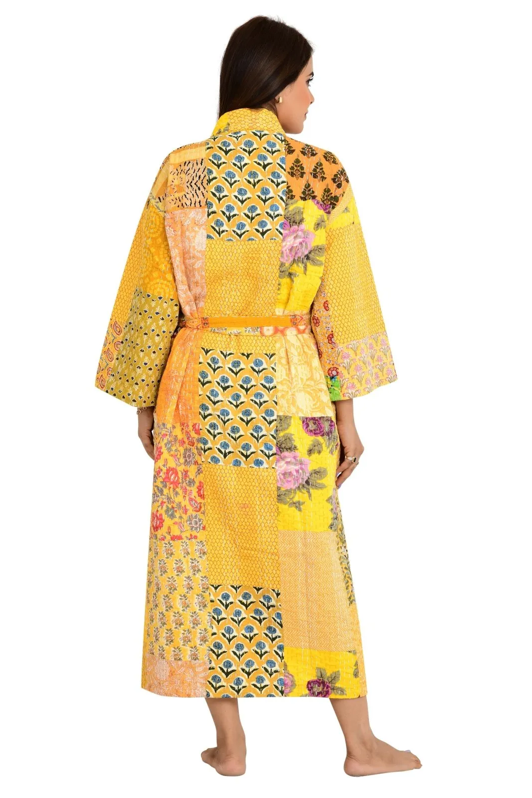 Kantha Stitch 100% Cotton Reversible Long Kimono Women Jacket | Handmade Stitch Robe | Unisex Gift | Yellow Patchwork Print