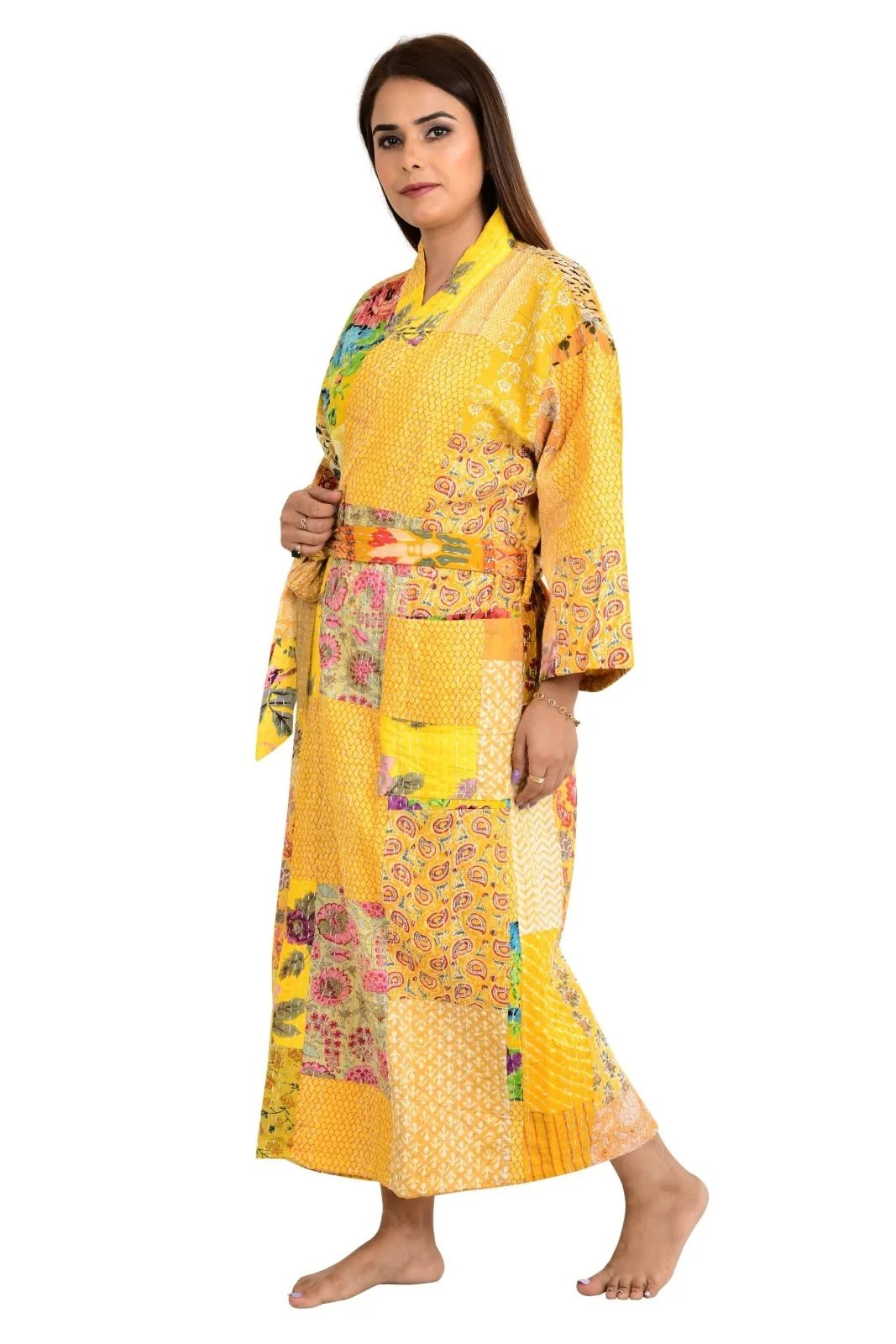 Kantha Stitch 100% Cotton Reversible Long Kimono Women Jacket | Handmade Stitch Robe | Unisex Gift | Yellow Patchwork Print