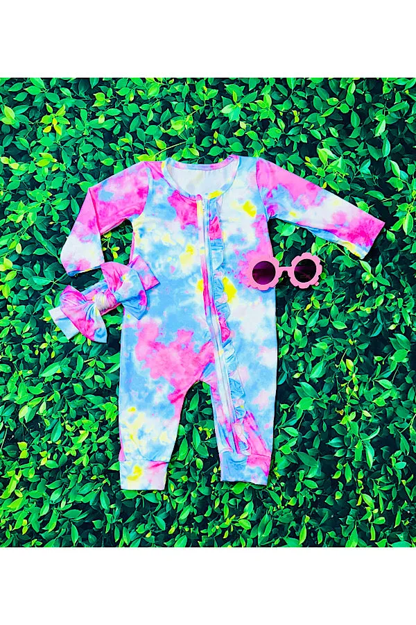 LC0011  Multicolor tie dye baby long sleeve romper w/matching headband