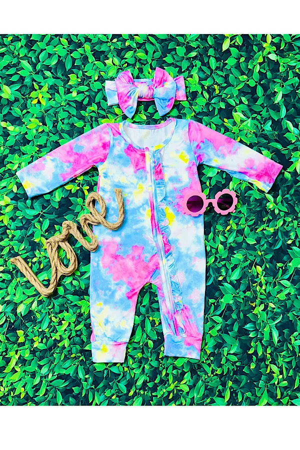 LC0011  Multicolor tie dye baby long sleeve romper w/matching headband