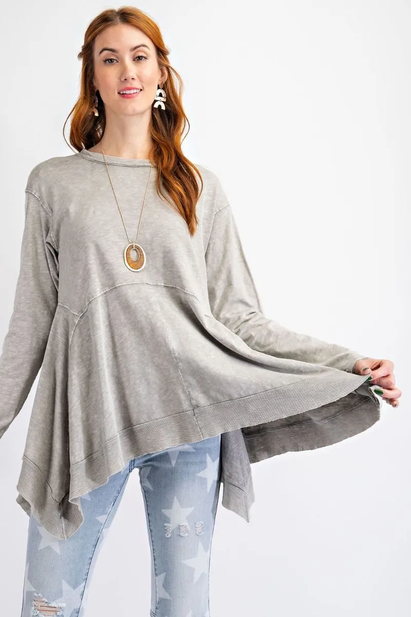 Long sleeve cotton slub mineral wash sharkbite hem tunic top