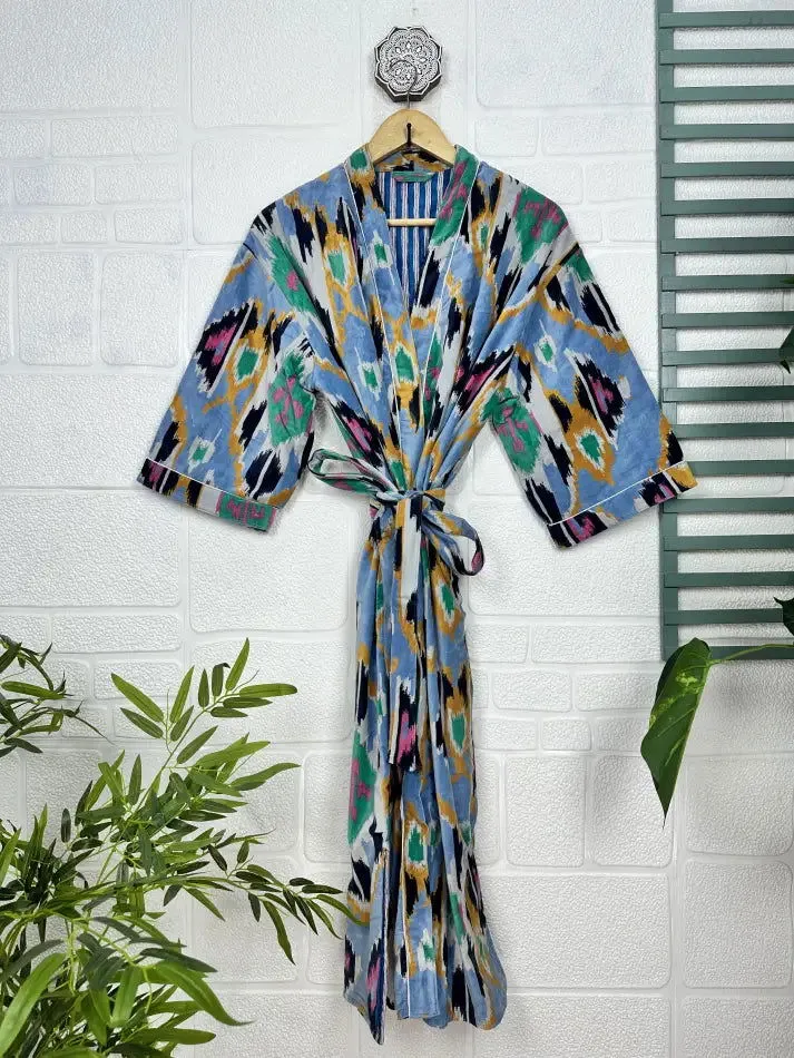 Luxury Velvet House Robe Unisex Kimono Jacket Reversible Silk Lined Autumn Winter Gift Elegant Ikat Blue Malibu Bluish Valentine Love