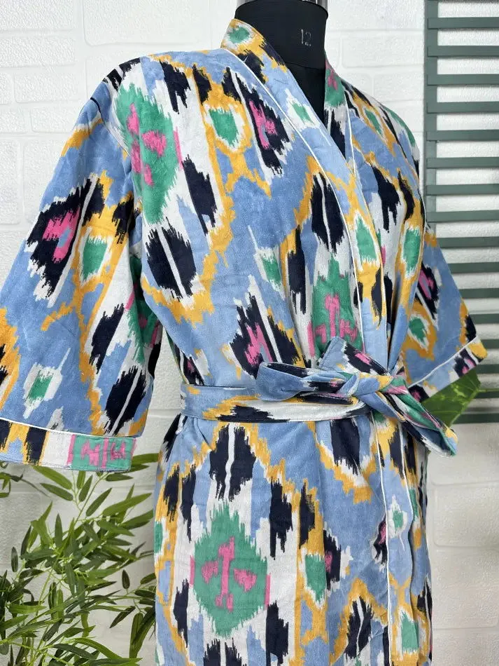 Luxury Velvet House Robe Unisex Kimono Jacket Reversible Silk Lined Autumn Winter Gift Elegant Ikat Blue Malibu Bluish Valentine Love