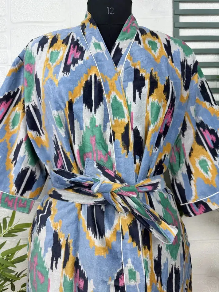 Luxury Velvet House Robe Unisex Kimono Jacket Reversible Silk Lined Autumn Winter Gift Elegant Ikat Blue Malibu Bluish Valentine Love