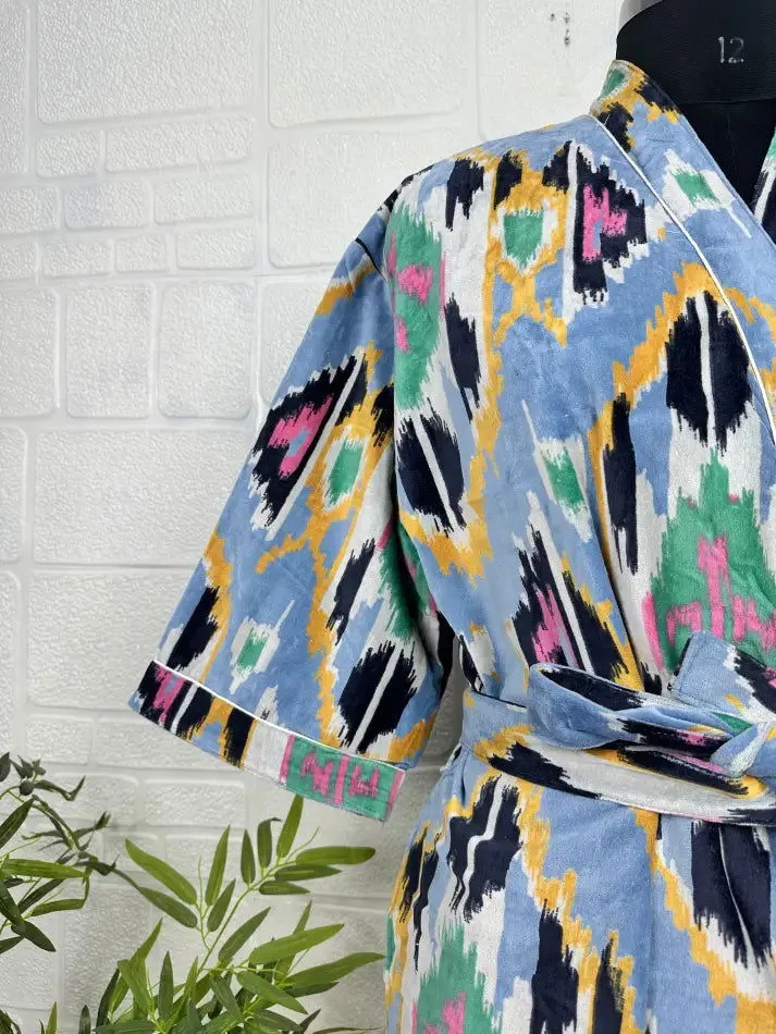 Luxury Velvet House Robe Unisex Kimono Jacket Reversible Silk Lined Autumn Winter Gift Elegant Ikat Blue Malibu Bluish Valentine Love