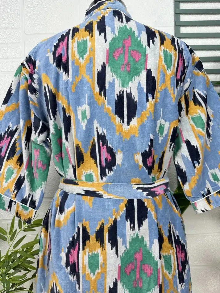 Luxury Velvet House Robe Unisex Kimono Jacket Reversible Silk Lined Autumn Winter Gift Elegant Ikat Blue Malibu Bluish Valentine Love