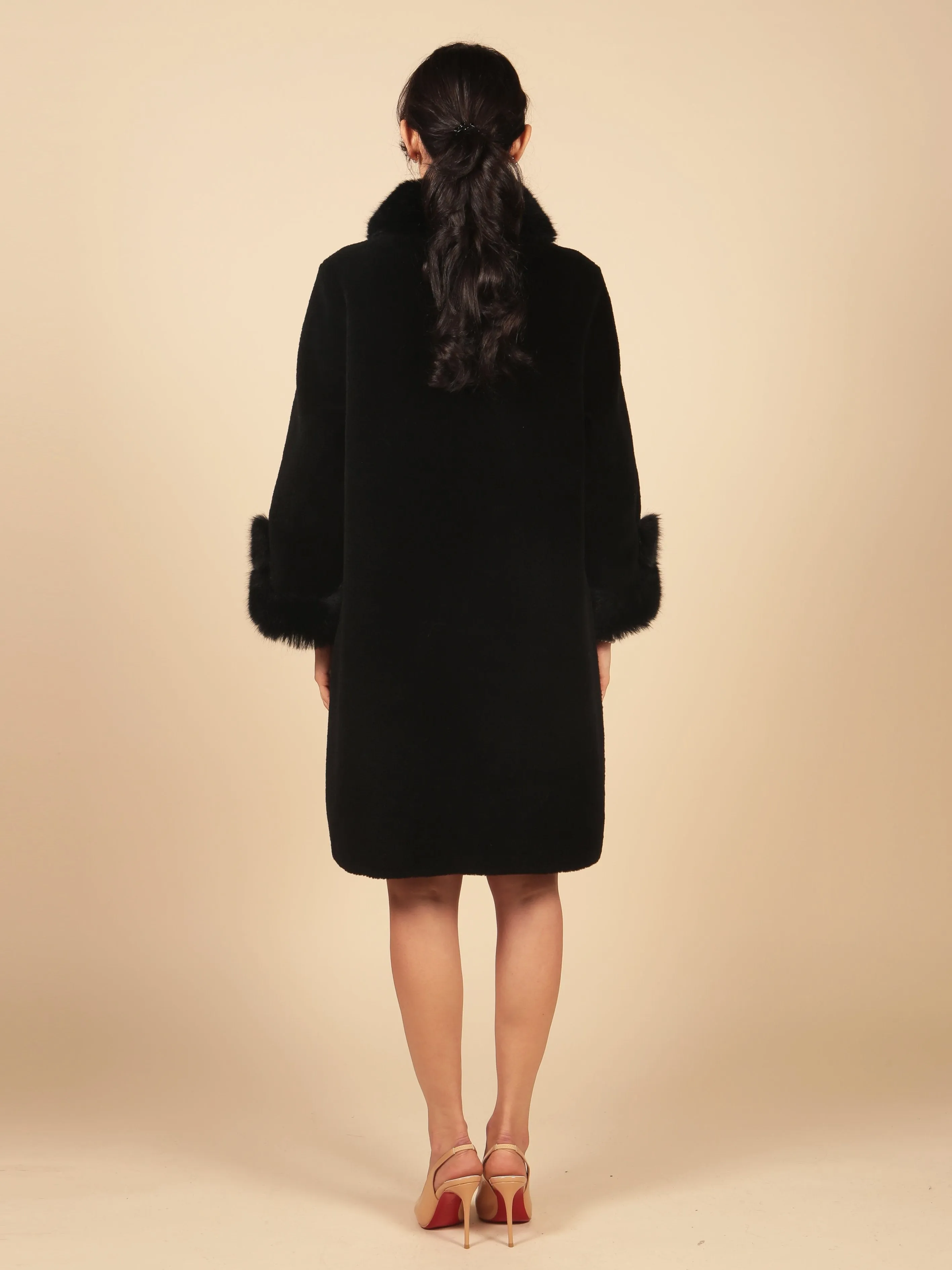 'Monroe' Wool and Faux Fur Teddy Coat in Nero