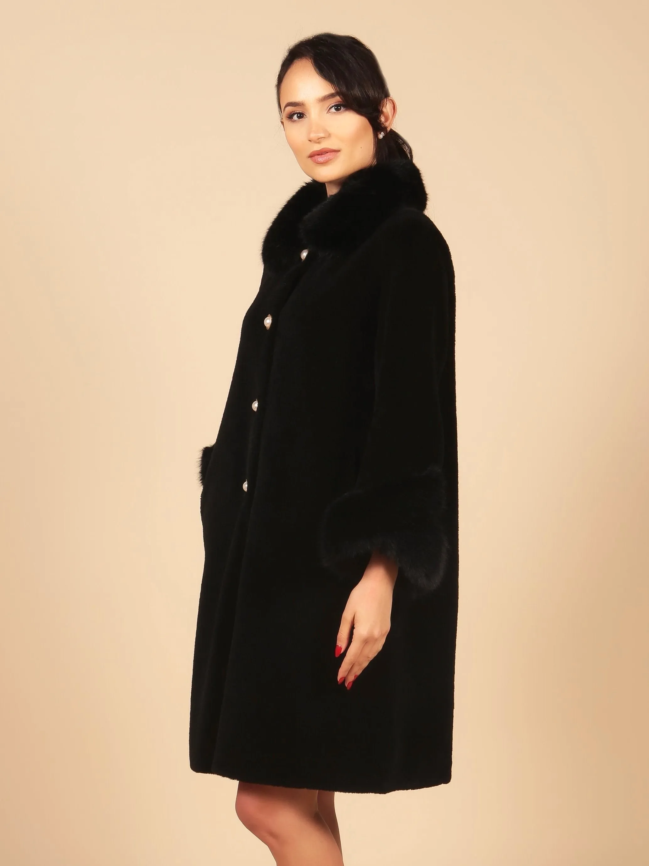 'Monroe' Wool and Faux Fur Teddy Coat in Nero