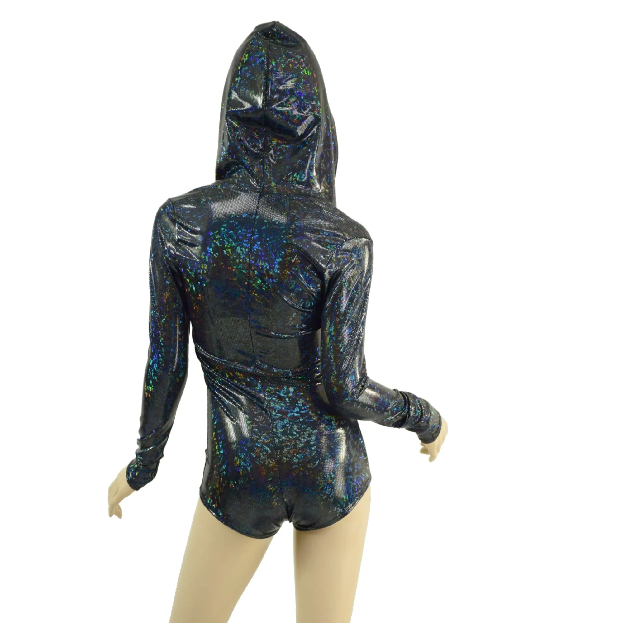 Ready to Ship Black Kaleidoscope Hooded Romper with Silver Front Zipper, Long Sleeves & Boy Cut Leg Medium