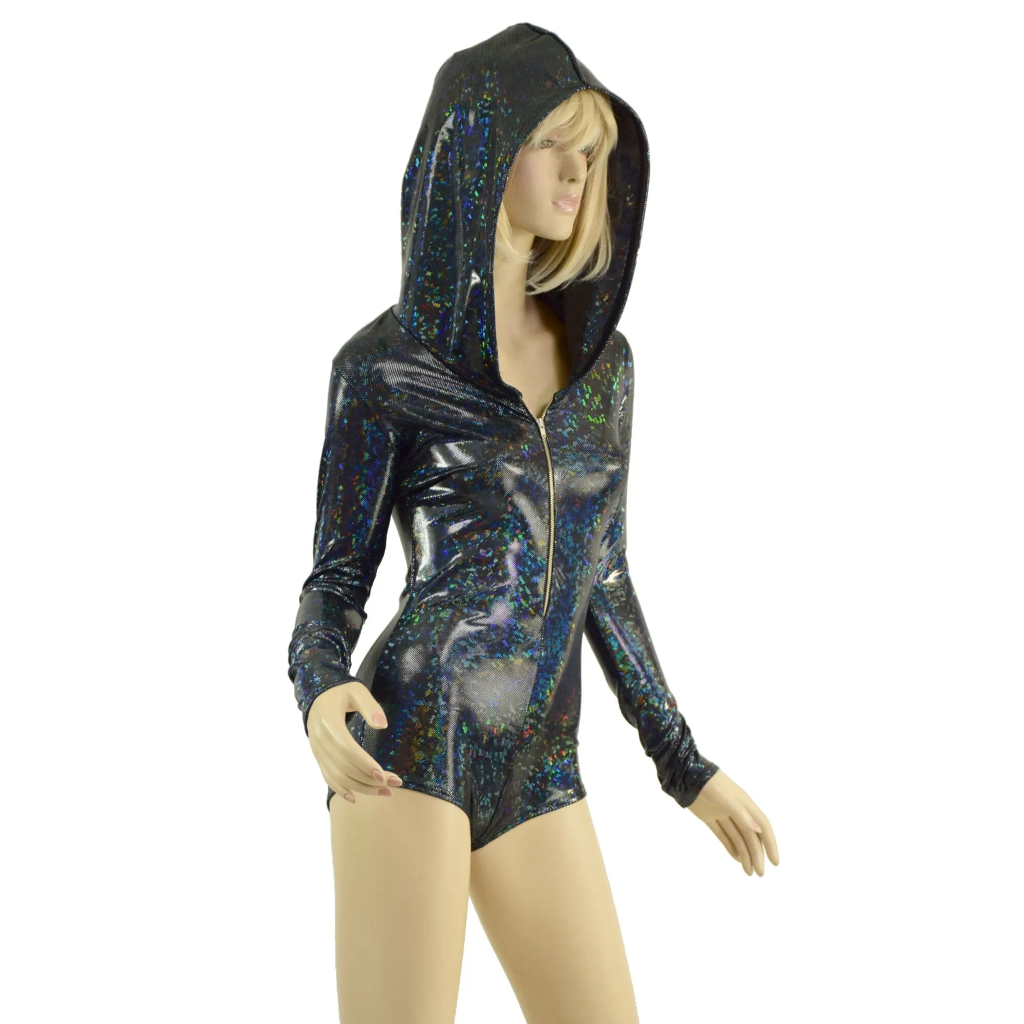 Ready to Ship Black Kaleidoscope Hooded Romper with Silver Front Zipper, Long Sleeves & Boy Cut Leg Medium