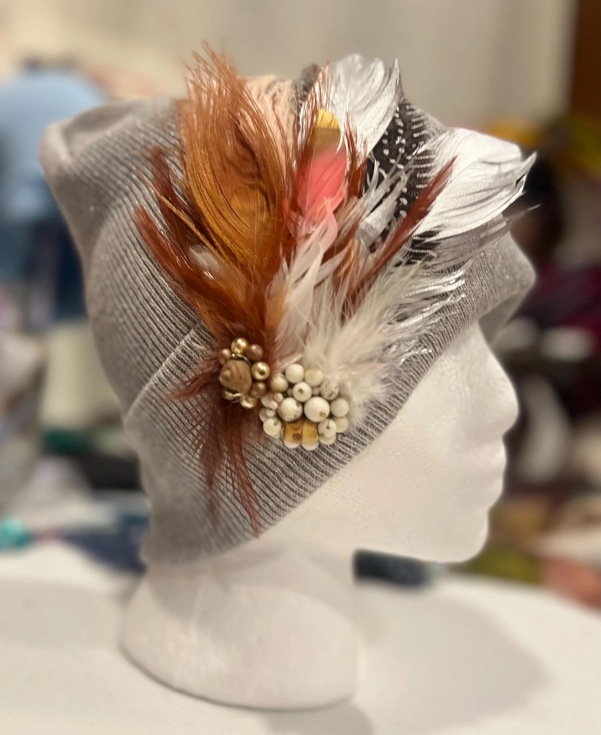 Sparkly GREY Flipped Rim - Unique Feathered Knit Hat with Jewels and Sparkles Boho Style Winter Cap