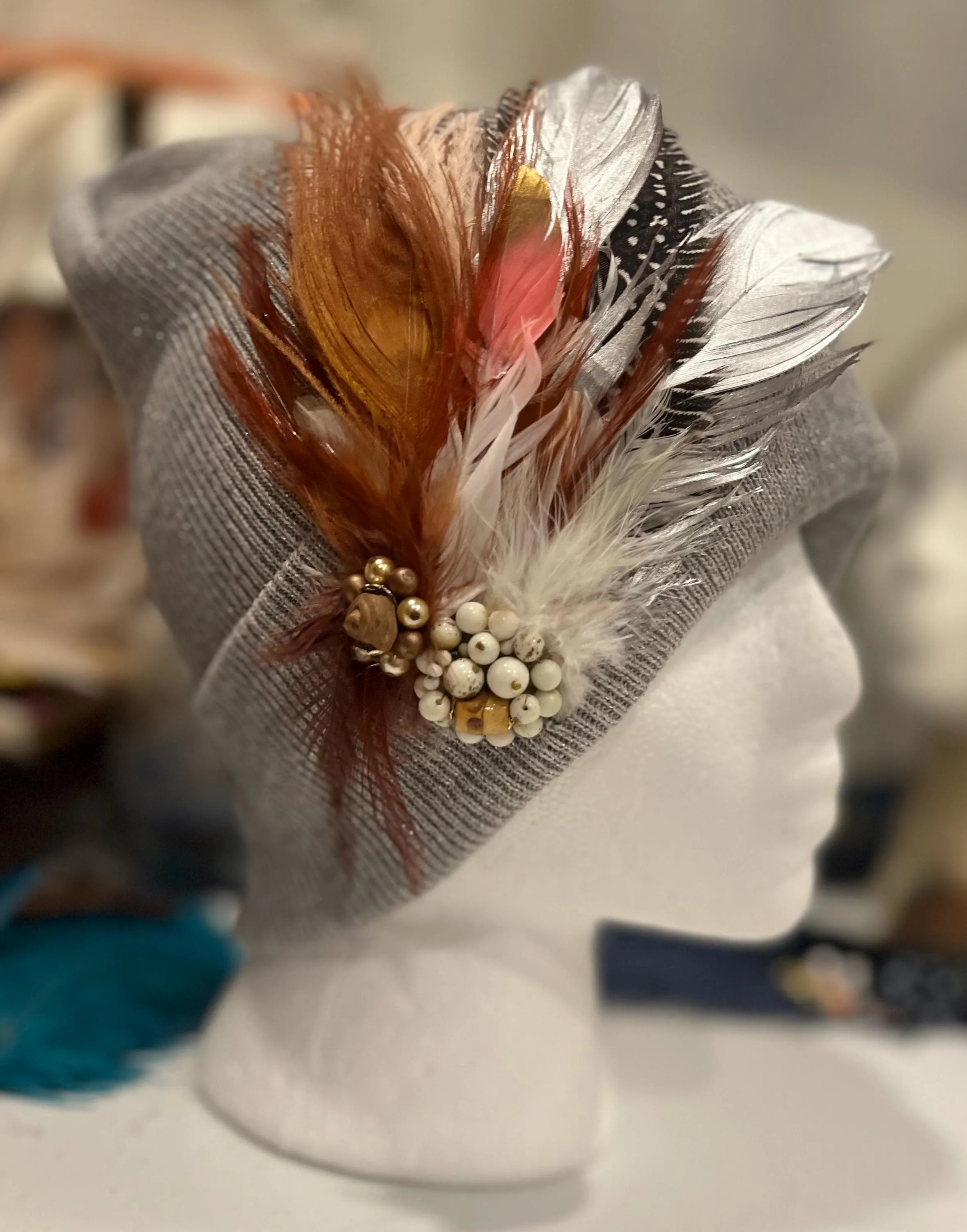 Sparkly GREY Flipped Rim - Unique Feathered Knit Hat with Jewels and Sparkles Boho Style Winter Cap