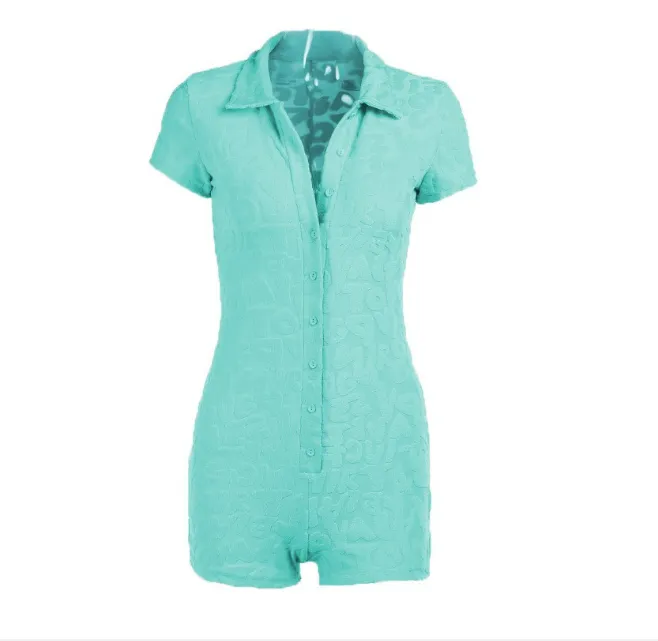 Turquoise Button Up Bodycon Romper With Collar