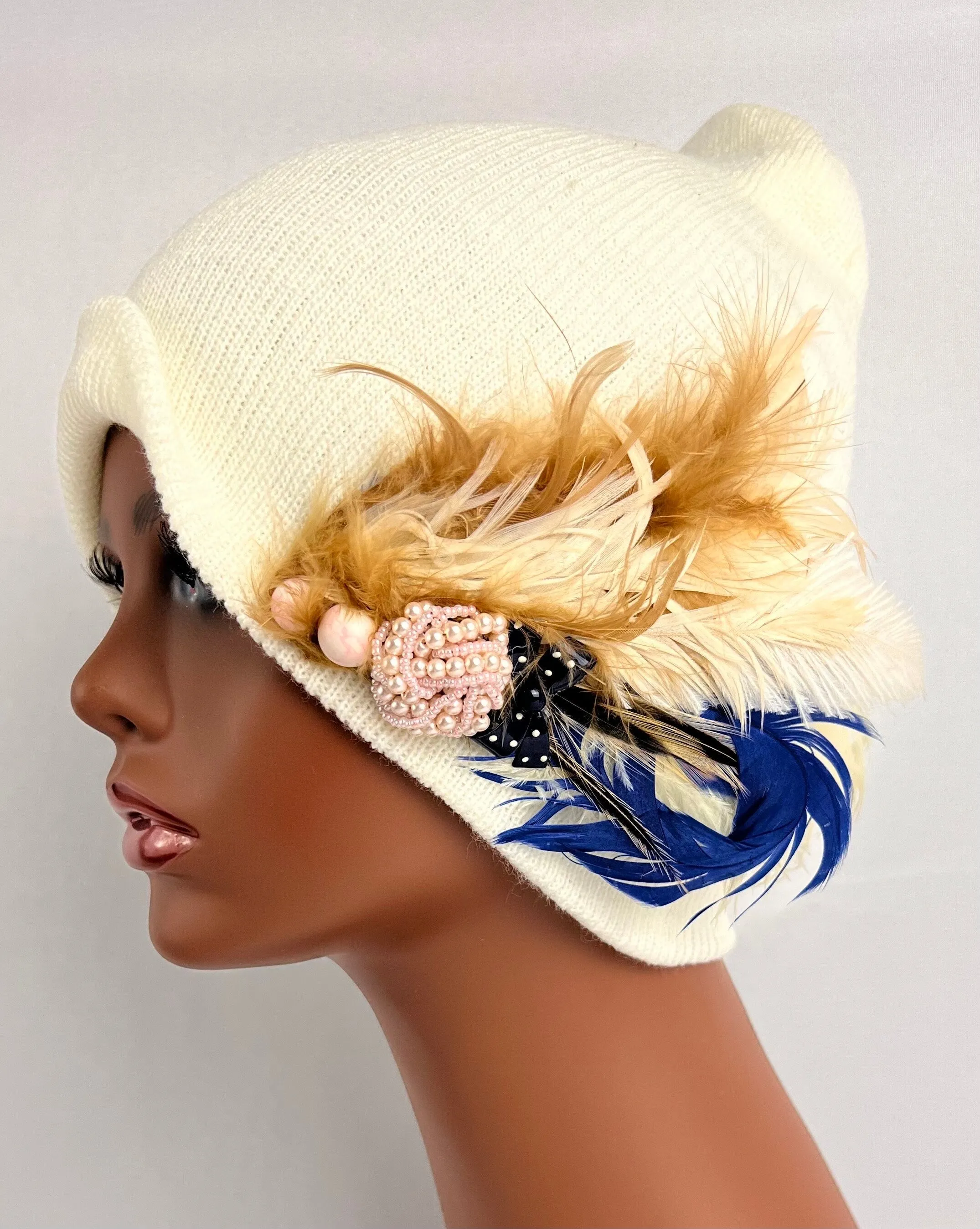 Unique Boho Flapper Jeweled Designer Feathered Winter Knit Hat