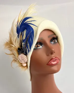 Unique Boho Flapper Jeweled Designer Feathered Winter Knit Hat