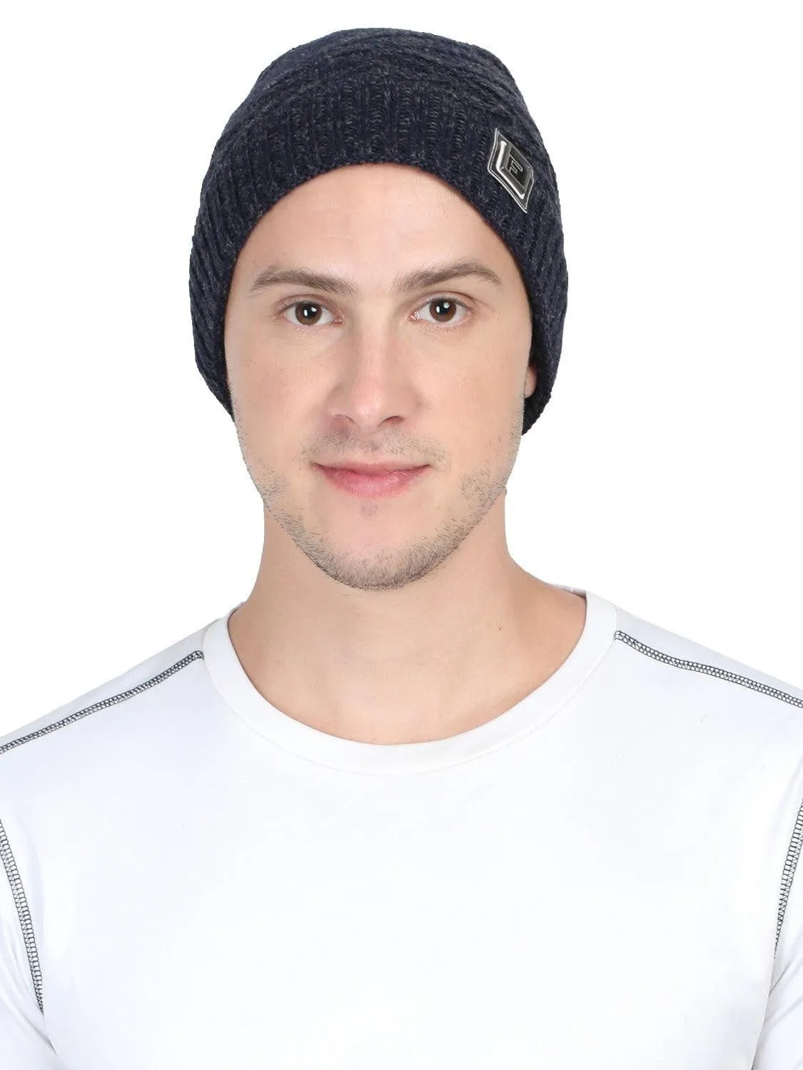 Unisex Acrylic DarkBlue Woolen Beanie for winters with faux fur lining