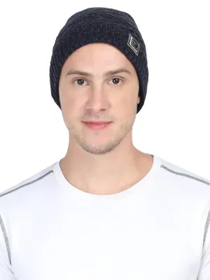 Unisex Acrylic DarkBlue Woolen Beanie for winters with faux fur lining