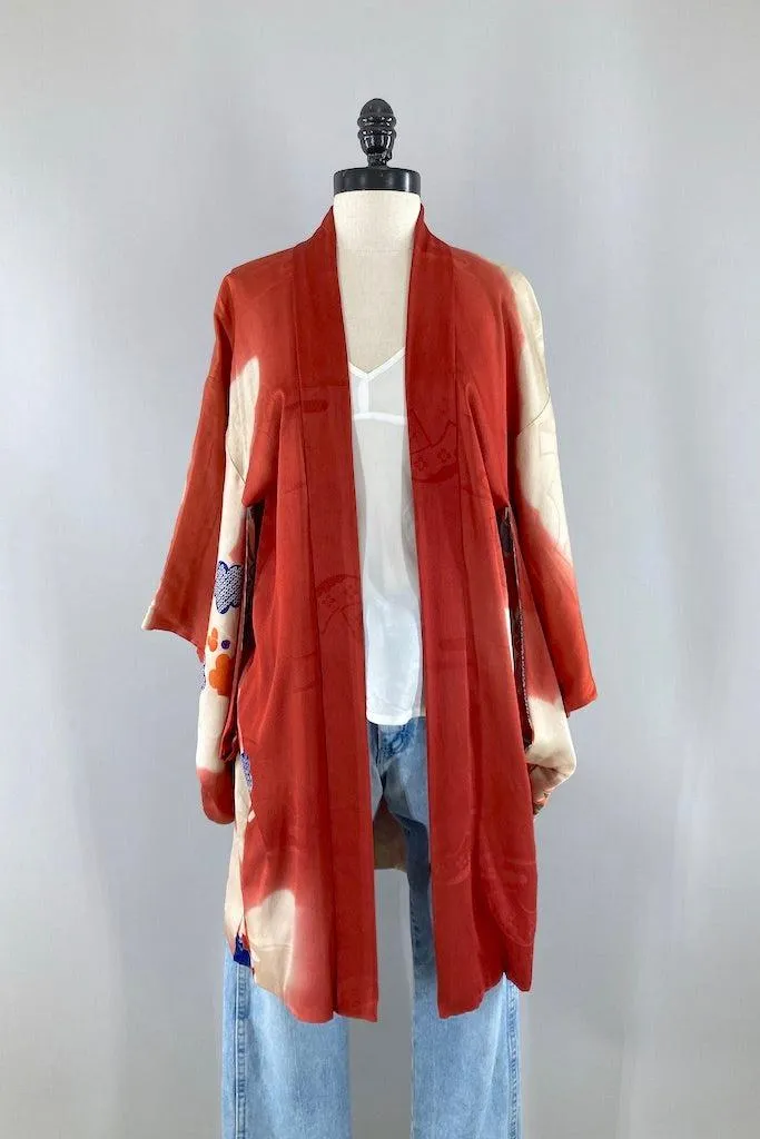 Vintage 1930s Red & Blue Silk Kimono Cardigan