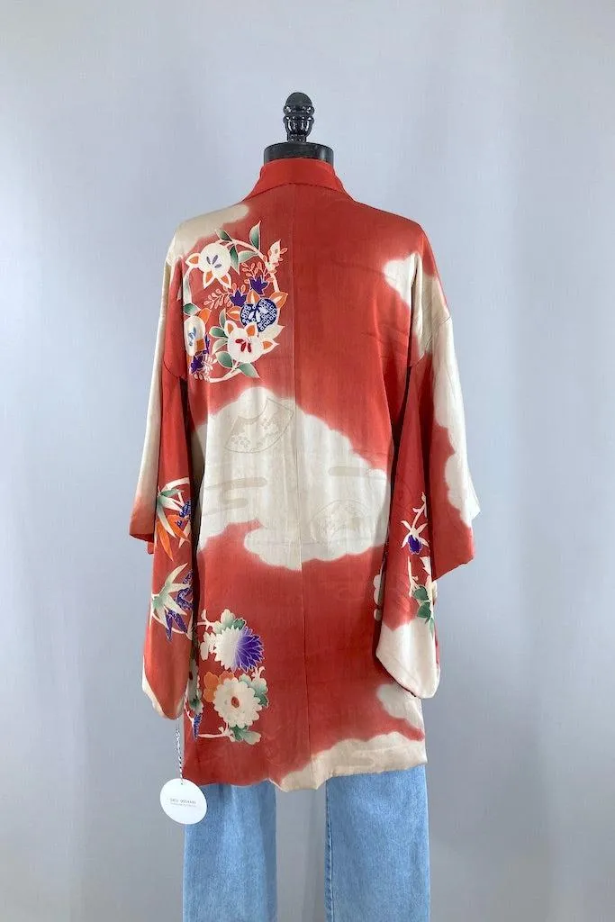 Vintage 1930s Red & Blue Silk Kimono Cardigan