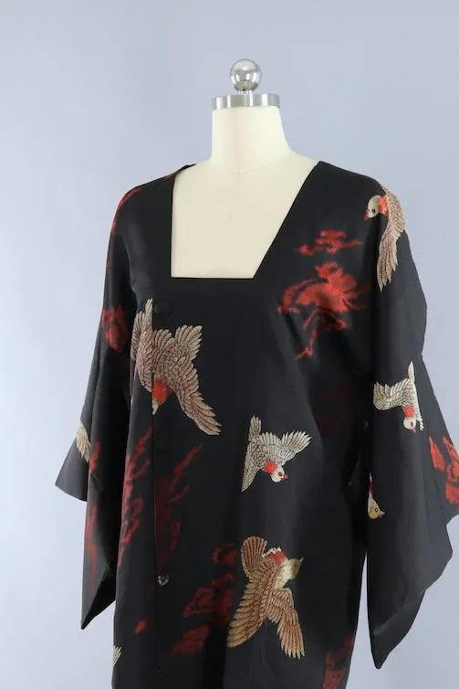 Vintage 1940s Silk Kimono Coat Cardiagn / Flying Gold Birds