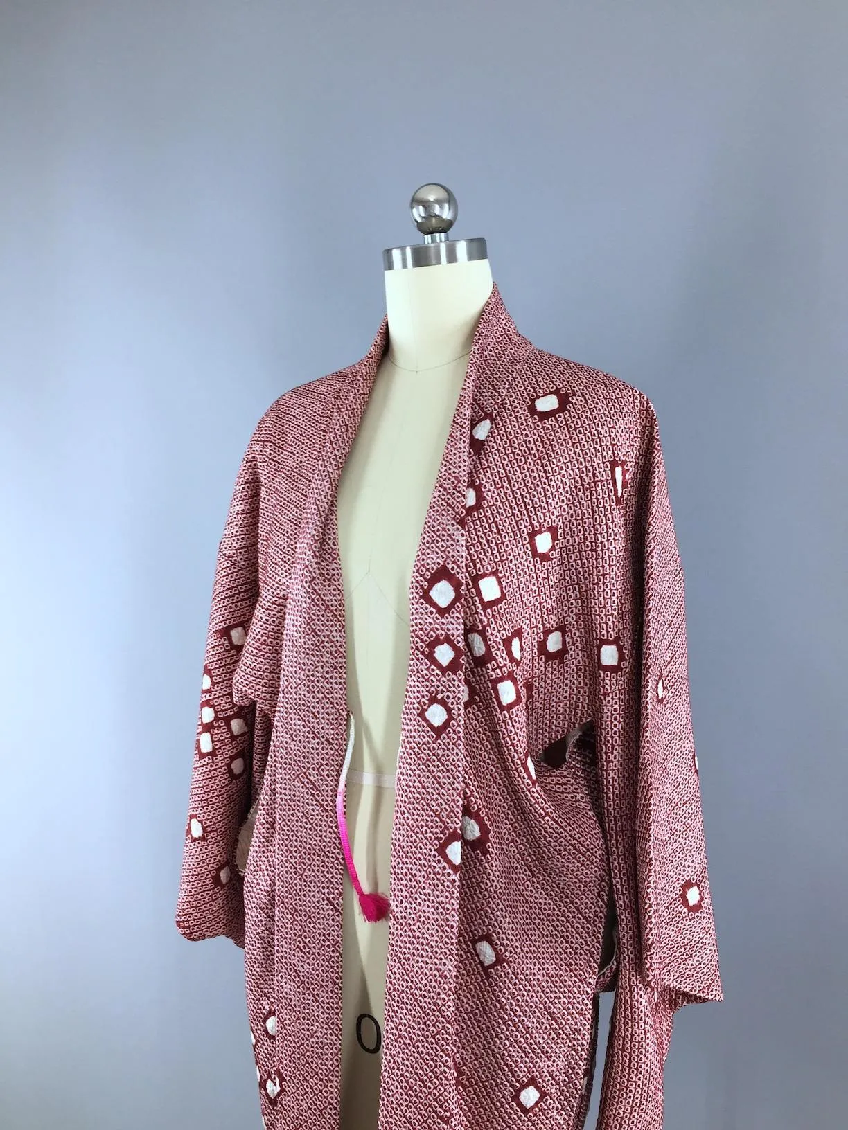 Vintage 1950s Silk Kimono Jacket Cardigan / Maroon White Shibori