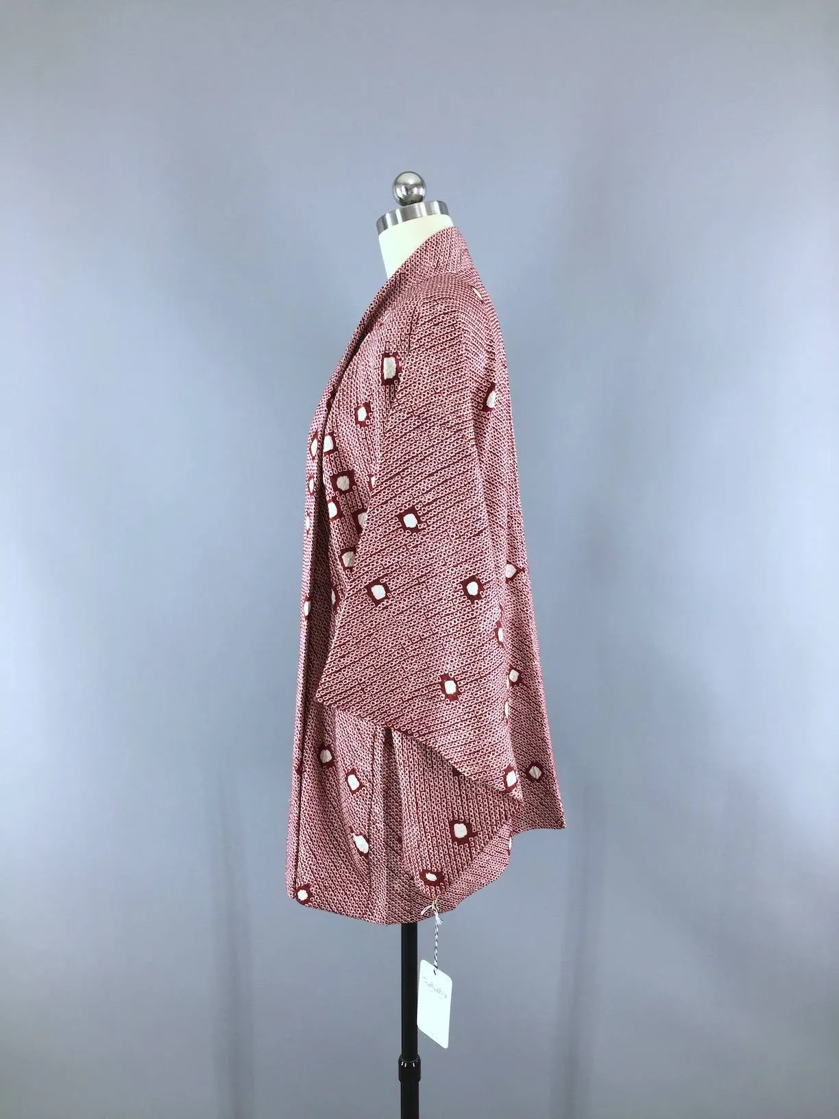 Vintage 1950s Silk Kimono Jacket Cardigan / Maroon White Shibori