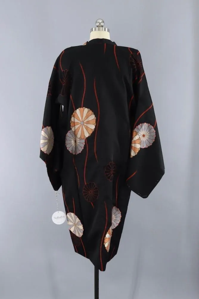 Vintage Silk Kimono Coat - Black Floral