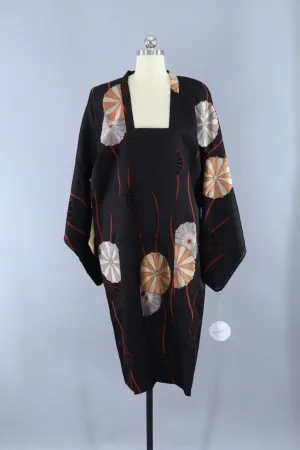 Vintage Silk Kimono Coat - Black Floral