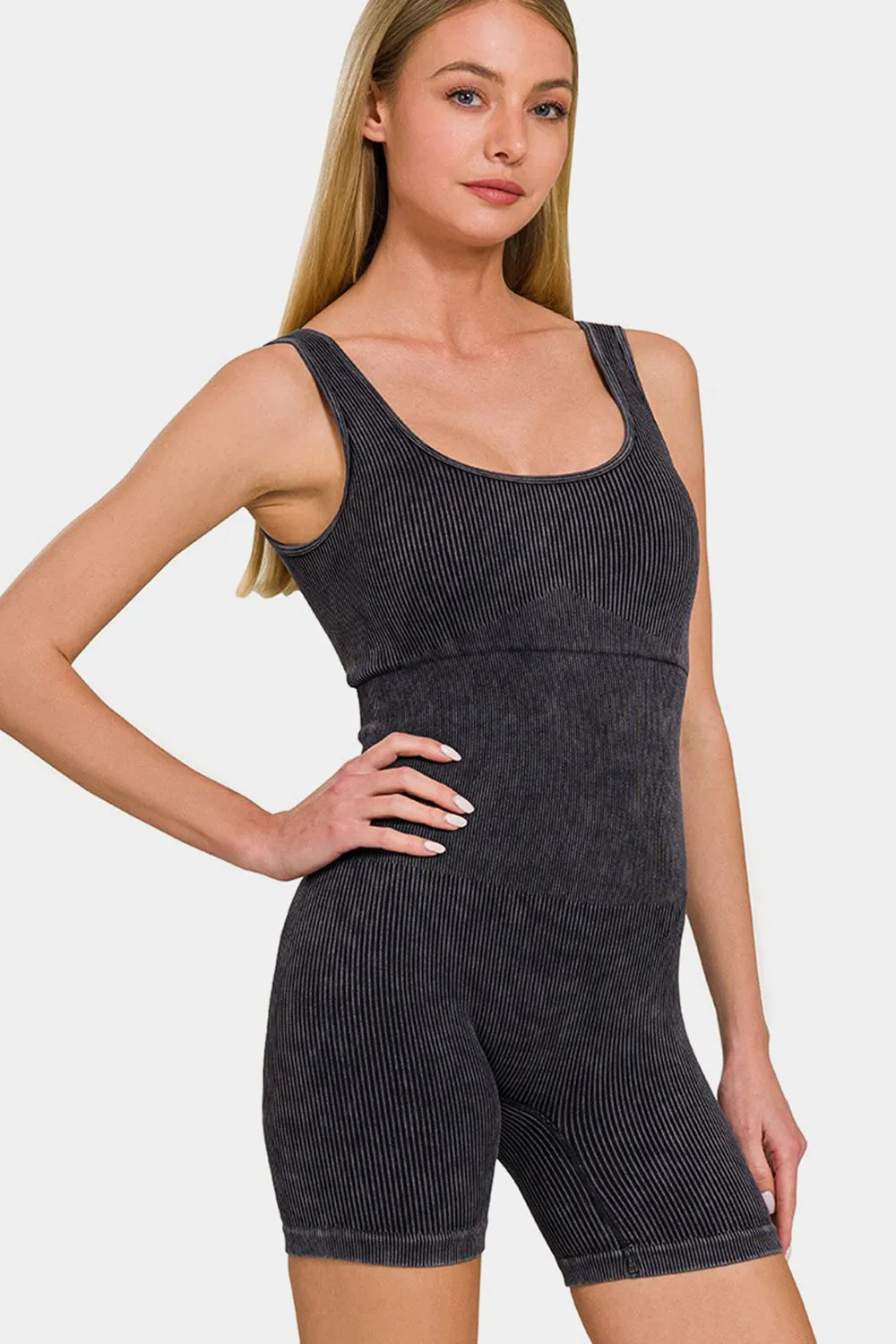 Washed Ribbed Romper with Pad