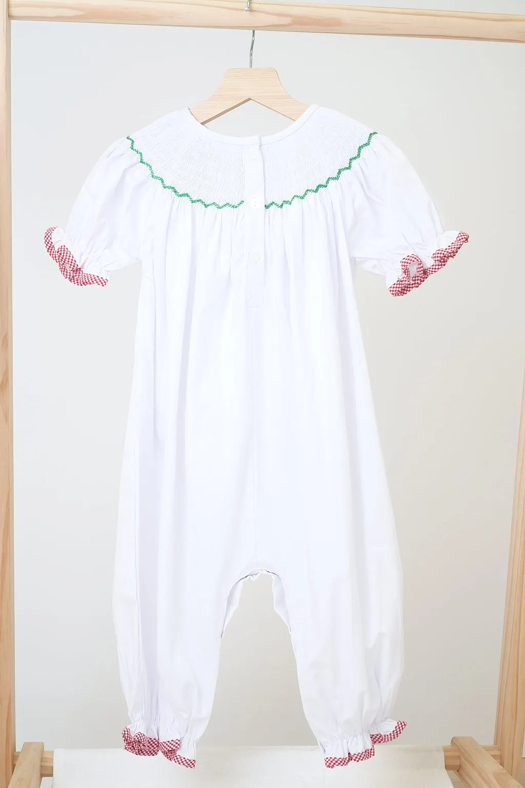 White chrismtas tree hand smocked girl romper