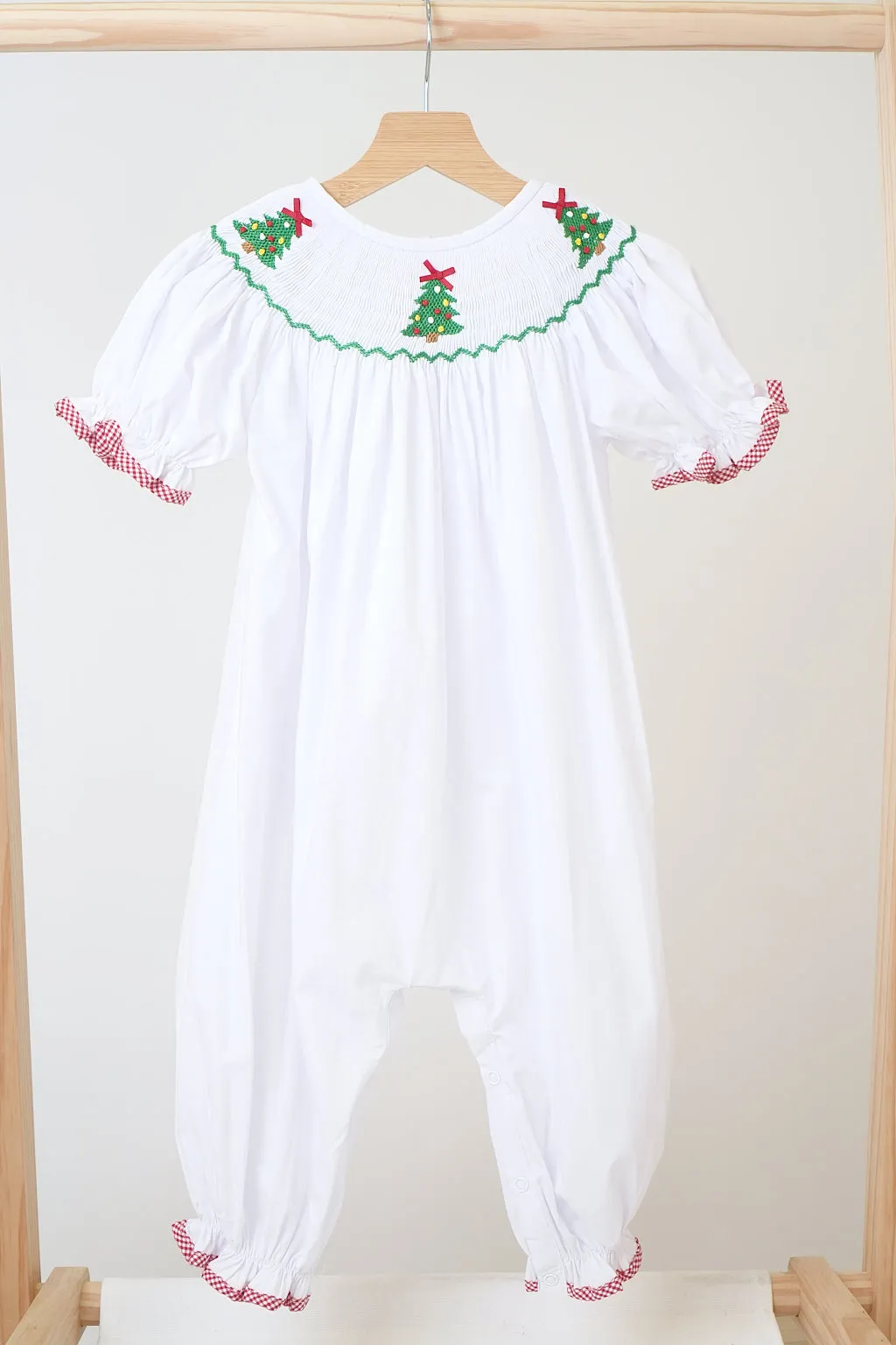 White chrismtas tree hand smocked girl romper