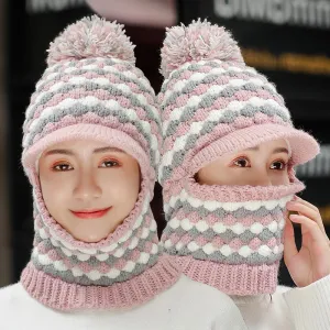 Windproof Keep Thick Pompoms Balaclava Outdoor Knitted Woolen Warm Winter Cap