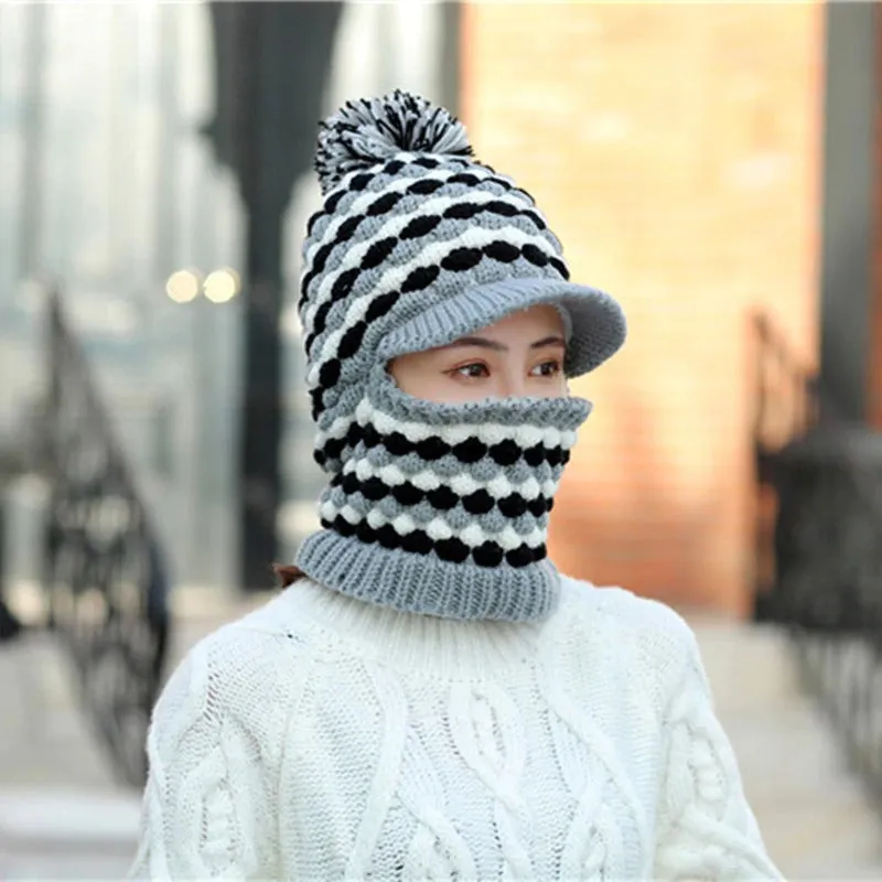 Windproof Keep Thick Pompoms Balaclava Outdoor Knitted Woolen Warm Winter Cap