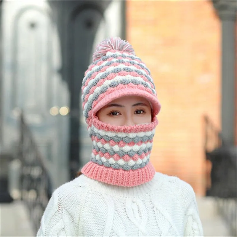 Windproof Keep Thick Pompoms Balaclava Outdoor Knitted Woolen Warm Winter Cap