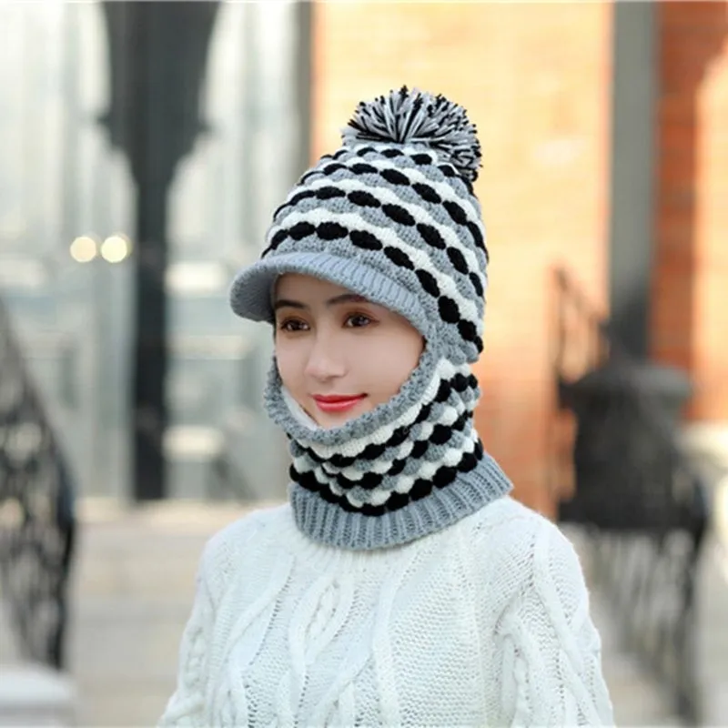 Windproof Keep Thick Pompoms Balaclava Outdoor Knitted Woolen Warm Winter Cap