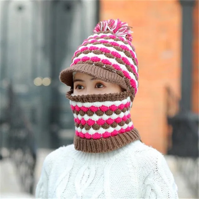 Windproof Keep Thick Pompoms Balaclava Outdoor Knitted Woolen Warm Winter Cap