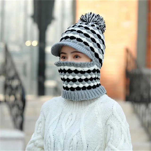 Windproof Keep Thick Pompoms Balaclava Outdoor Knitted Woolen Warm Winter Cap