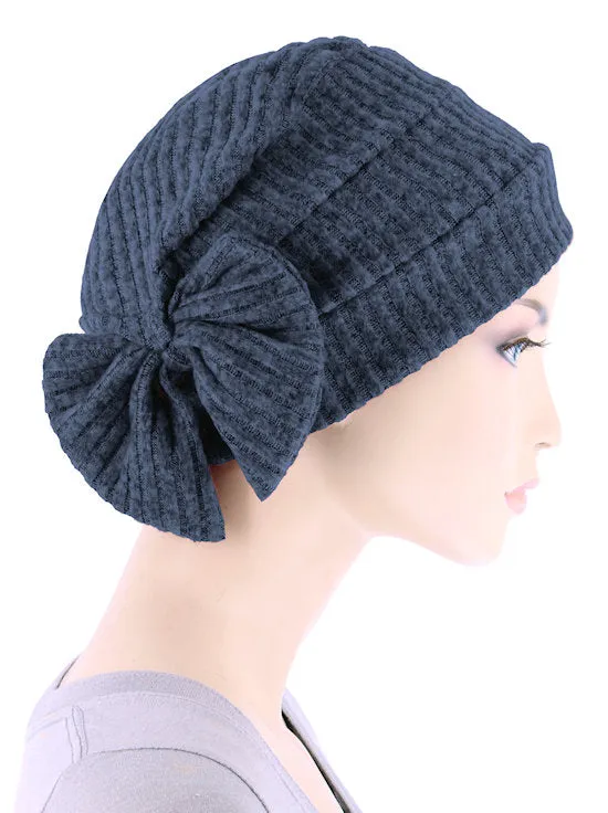 Winter Cloche Bow Hat Blue Ribbed