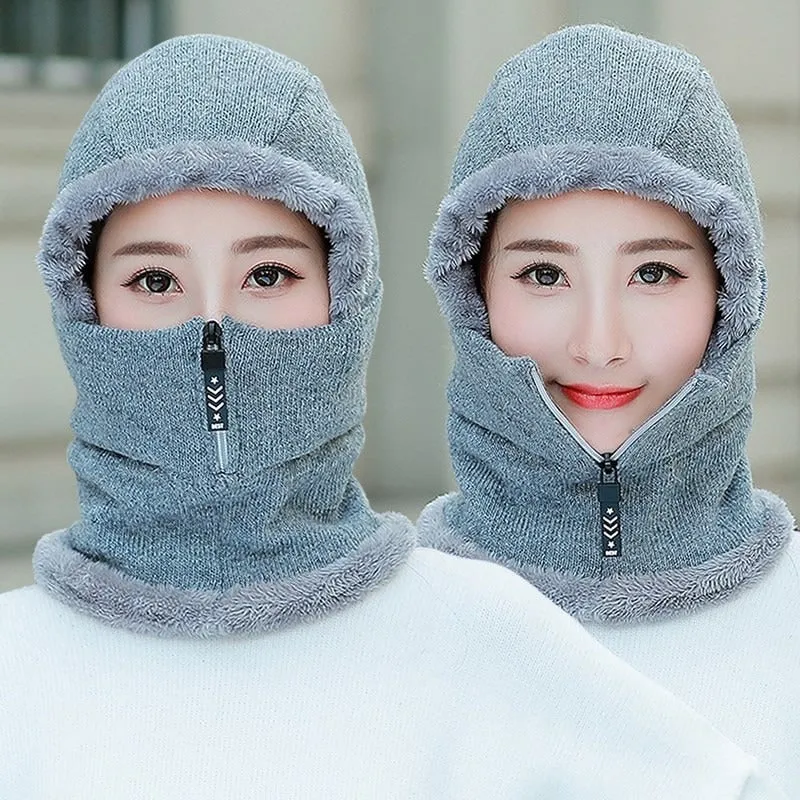 Winter Knitted Add Fur Lined Warm With Zipper Keep Face And Ear Balaclava Knitted Woolen Warm Winter Cap