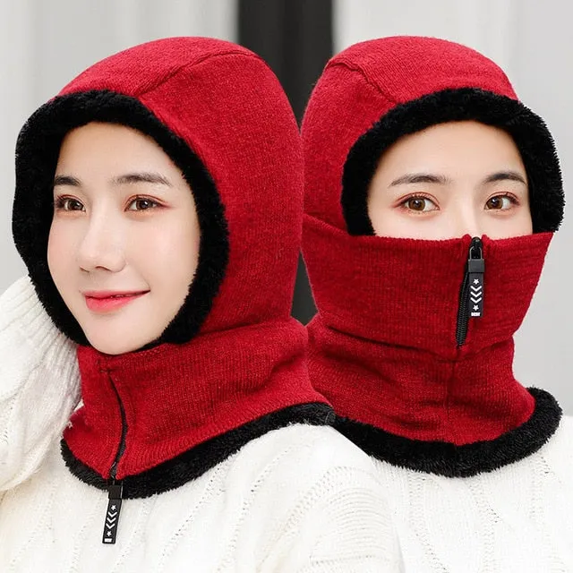 Winter Knitted Add Fur Lined Warm With Zipper Keep Face And Ear Balaclava Knitted Woolen Warm Winter Cap