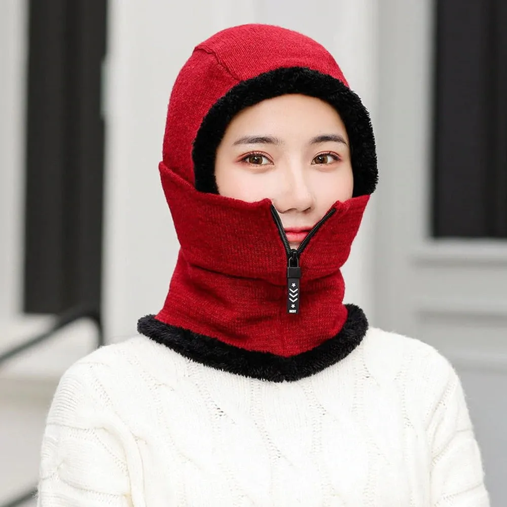 Winter Knitted Add Fur Lined Warm With Zipper Keep Face And Ear Balaclava Knitted Woolen Warm Winter Cap