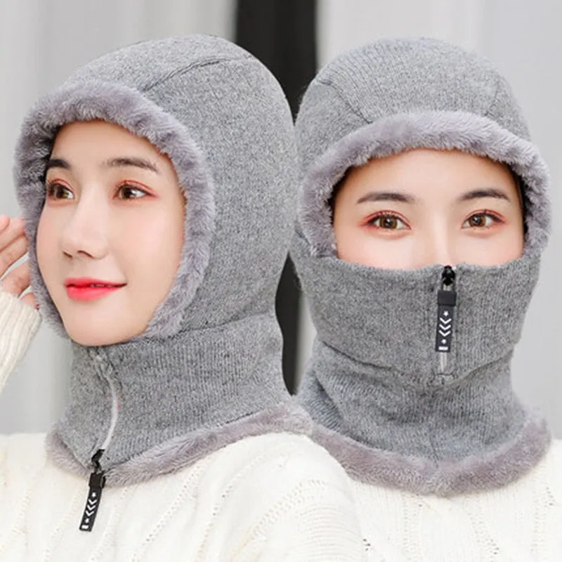 Winter Knitted Add Fur Lined Warm With Zipper Keep Face And Ear Balaclava Knitted Woolen Warm Winter Cap