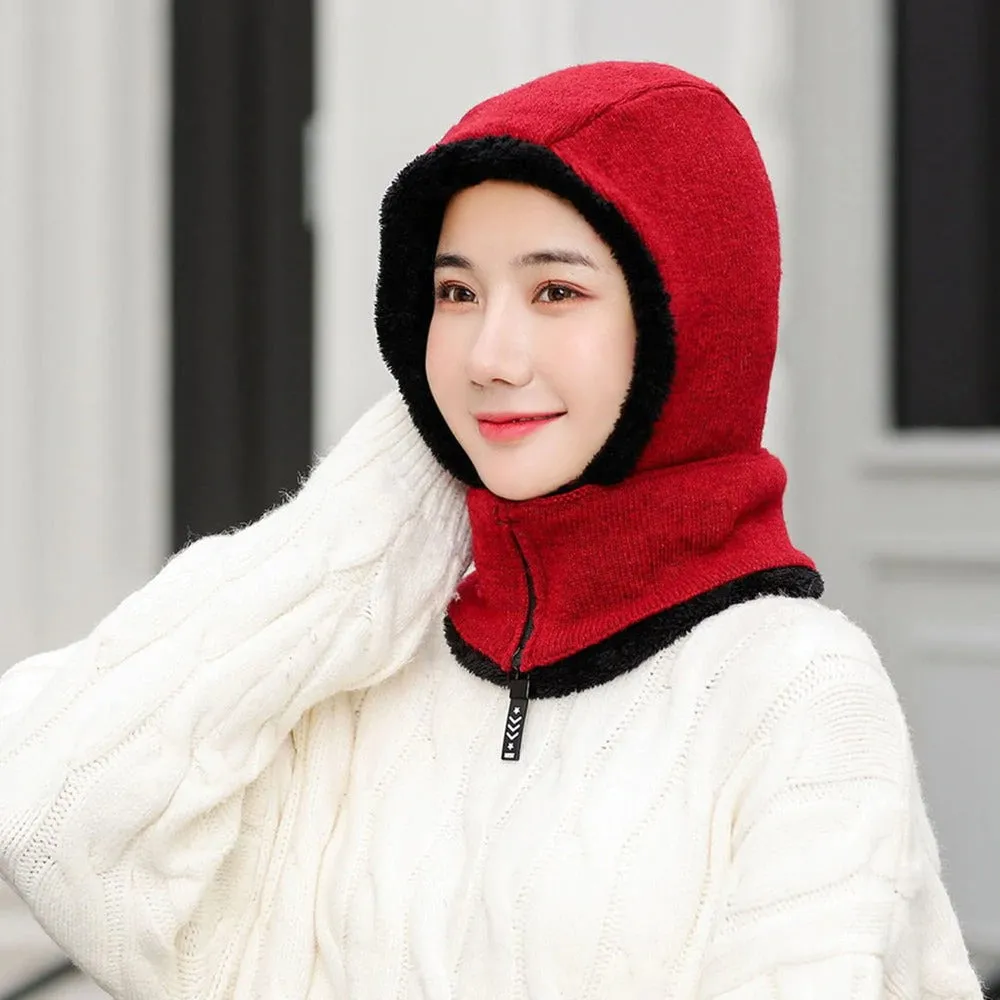 Winter Knitted Add Fur Lined Warm With Zipper Keep Face And Ear Balaclava Knitted Woolen Warm Winter Cap