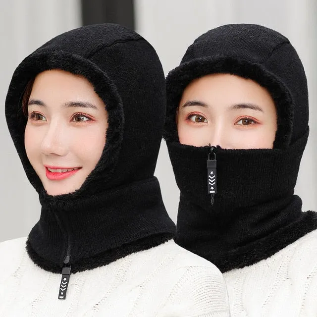 Winter Knitted Add Fur Lined Warm With Zipper Keep Face And Ear Balaclava Knitted Woolen Warm Winter Cap