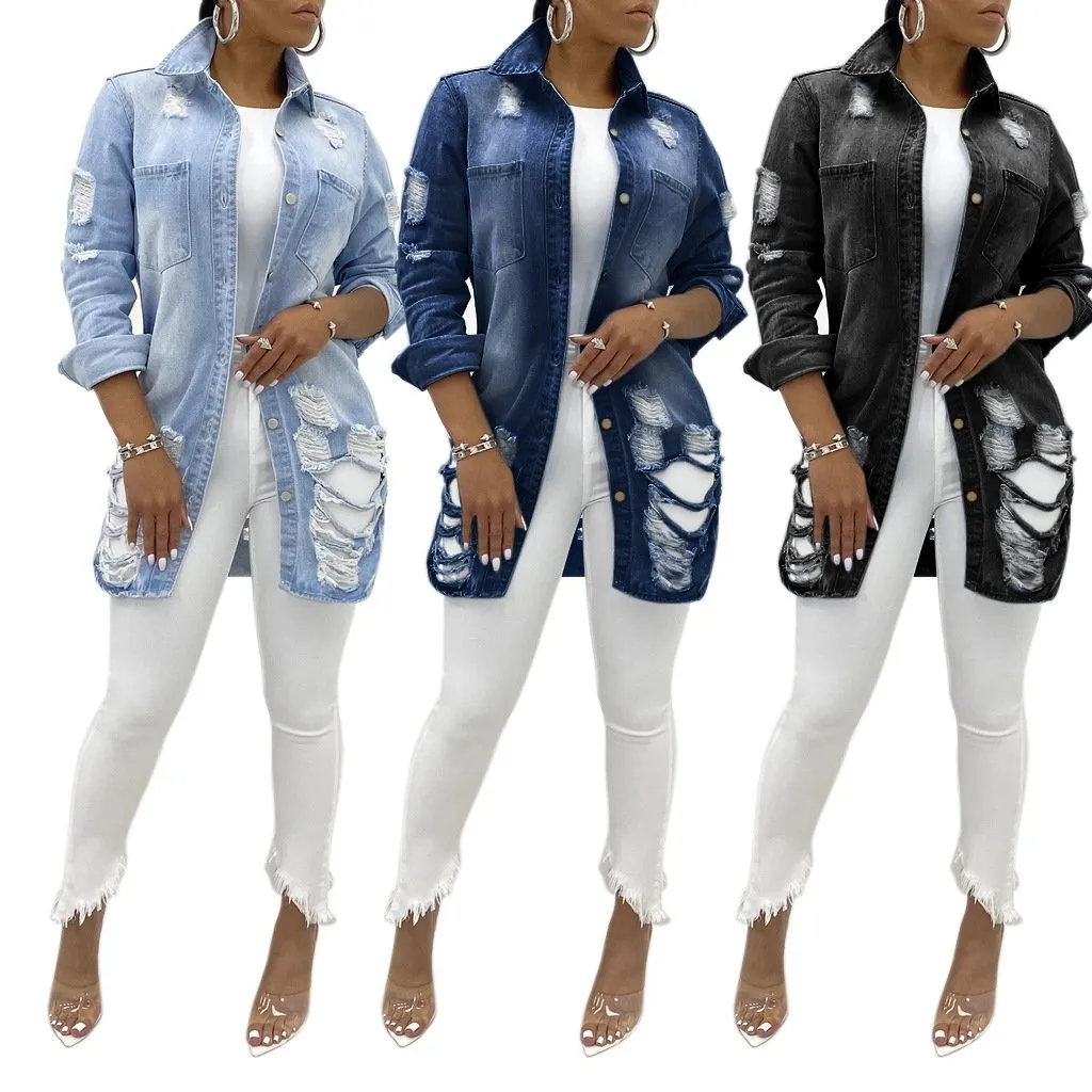 Women fashion turn-down collar hollow denim coats & jackets