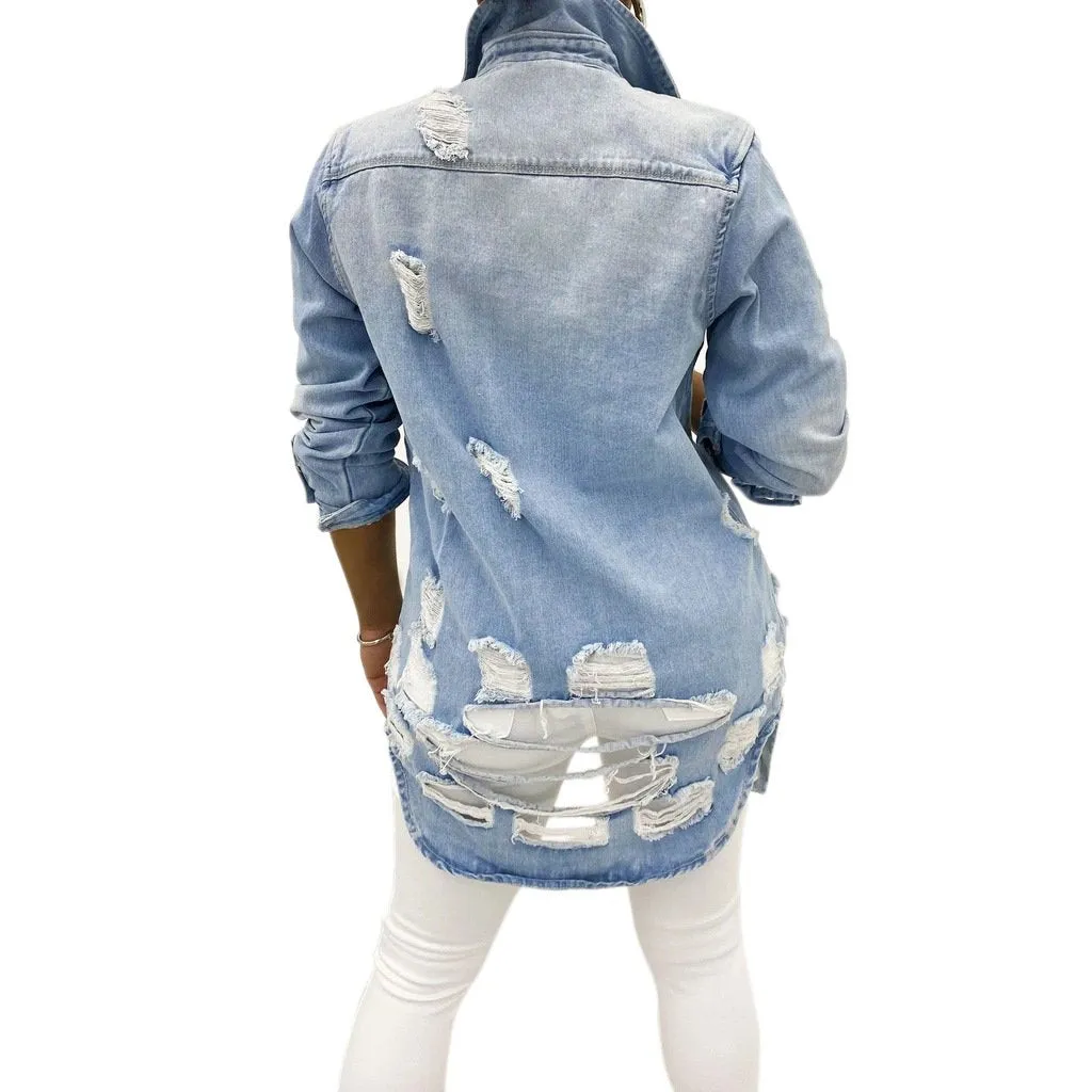 Women fashion turn-down collar hollow denim coats & jackets