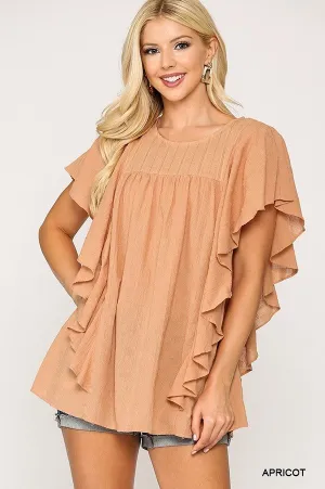 Women's Textured Ruffle Sleeve Tunic Top With Back Keyhole